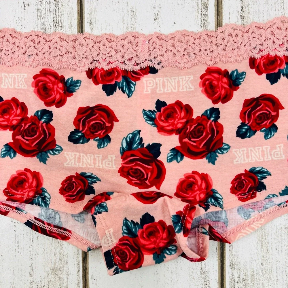 VS PINK Logo Boyshort Pantie Medium Red Roses Rare Print - Picture 5 of 6